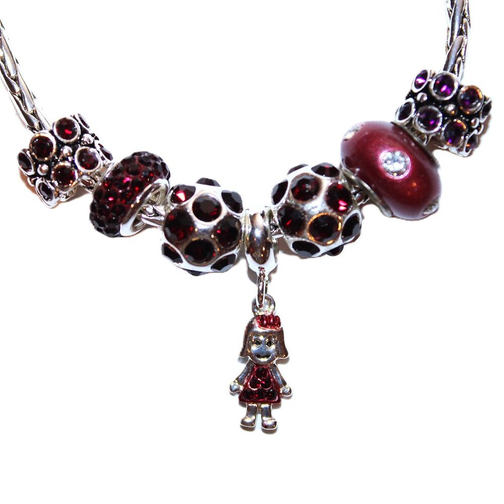 DaVinci Charm Bracelet 8.5" w/ 7 Beads - Girl Daughter Girlfriend Garnet Red CZ